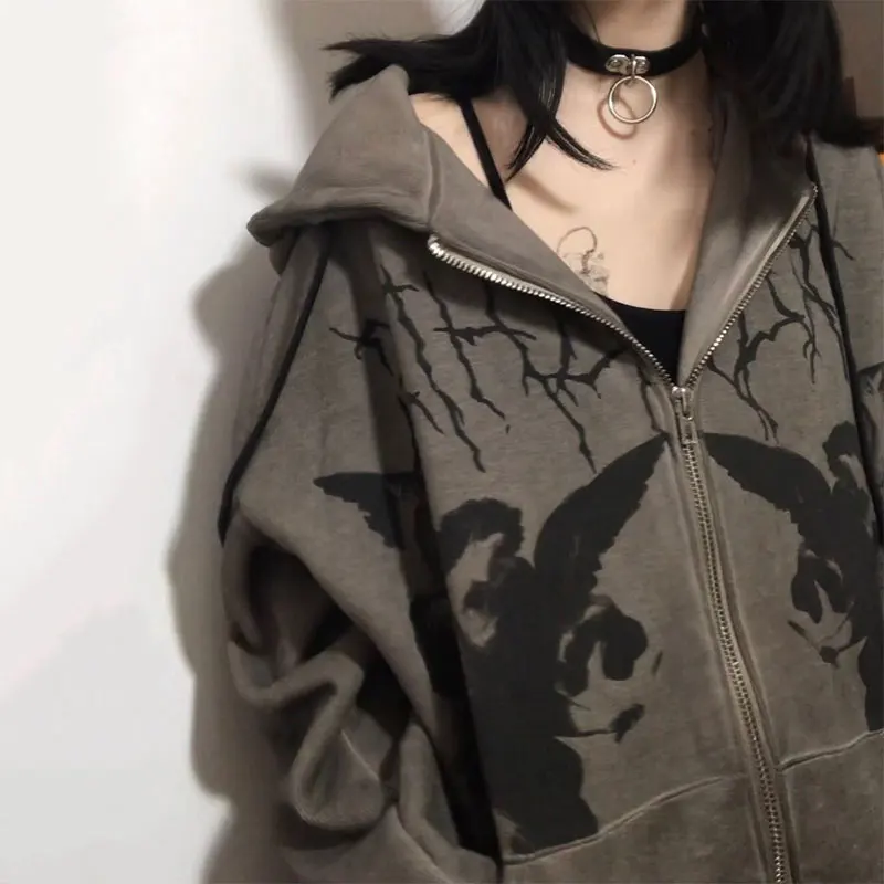 Y2K Gothic Zipper Oversized Hoodies Retro Skull Print Streetwear Sweatshirt Women Winter Hip Hop Graffiti Unisex Zip Jacket Coat grey hoodie