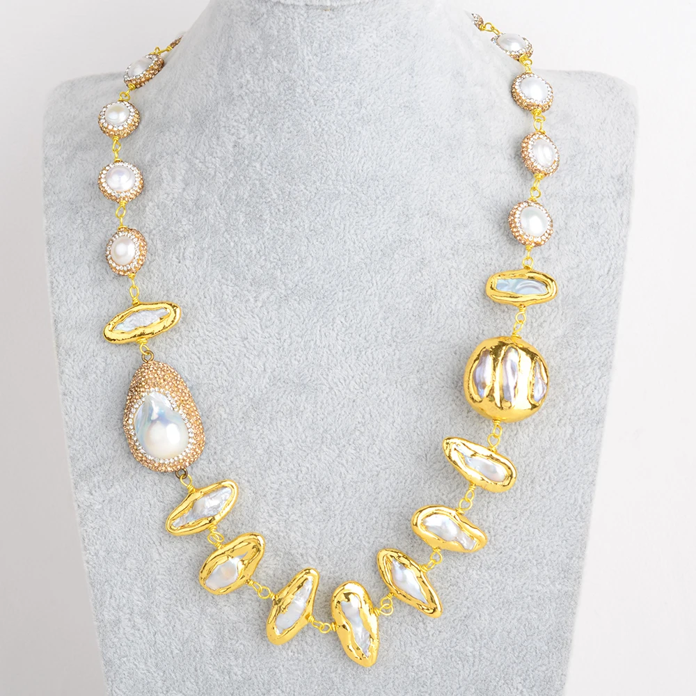 

20" Freshwater Natural White Keshi Biwa Pearl Yellow Golden Plated Necklace