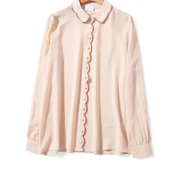 

Women Shirt Early Spring Heavy Industry Petal Collar Silk Button Shirt