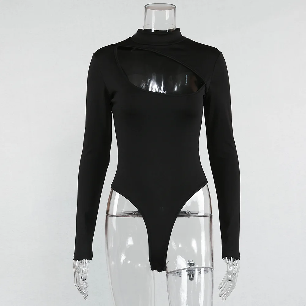 Женский боди с длинными рукавами, эластичный купальник, топы, футболка, однотонная черная водолазка, Шелковый комбинезон, осенняя одежда