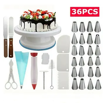 

36PCS Cake Decorating Turntable Set Kitchen Cake Tools Stainless Cake Spatula Baking Nozzles Pastry Cream Spout For Baking