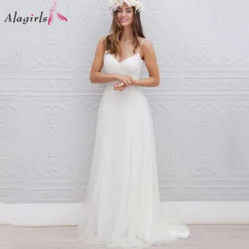 

V-neck Simple Wedding Dress Boho Spaghetti Straps White Gown For Bride Sexy Backless Beach Weeding Dress Plus Size 2020