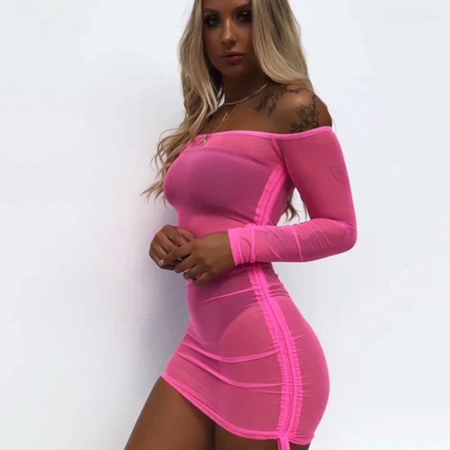 Bkld Neon Hijau Pink Melihat Melalui Mesh Lengan Panjang Bodycon - Main Image