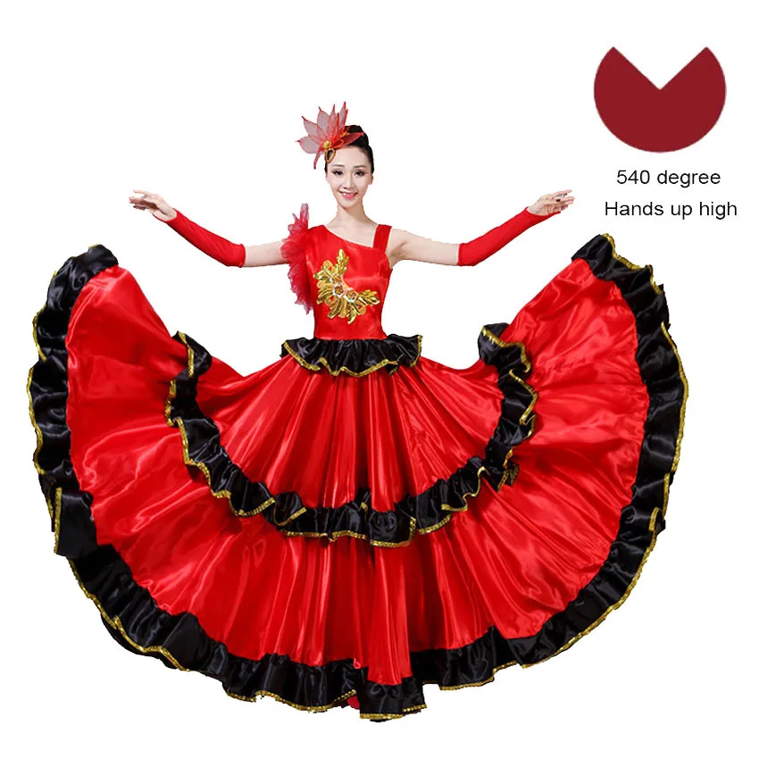 180-720 Degree Adult Female Dress Red Long Flamenco Skirt Performance Spanish Bullfighting Dance Big Swing Skirt Costumes - Цвет: 540 Degree Skirt