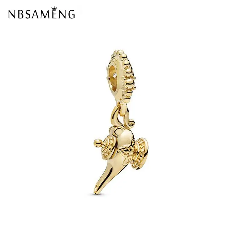 

925 Sterling Silver Bead Magic Aladdin Lamp Gold Bead Pendant Charm Clear CZ Fit Pandora Women Bracelets DIY Jewelry