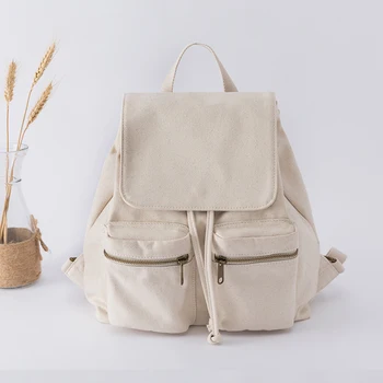 

Pure color casual canvas bag backpack Korean style drawstring college backpack