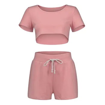 

2020 New Women Casual Home Sports Fashion Brief Solid Elastic Waist Shorts Two-piece Tracksuit Sets Outfits Sportswear 521