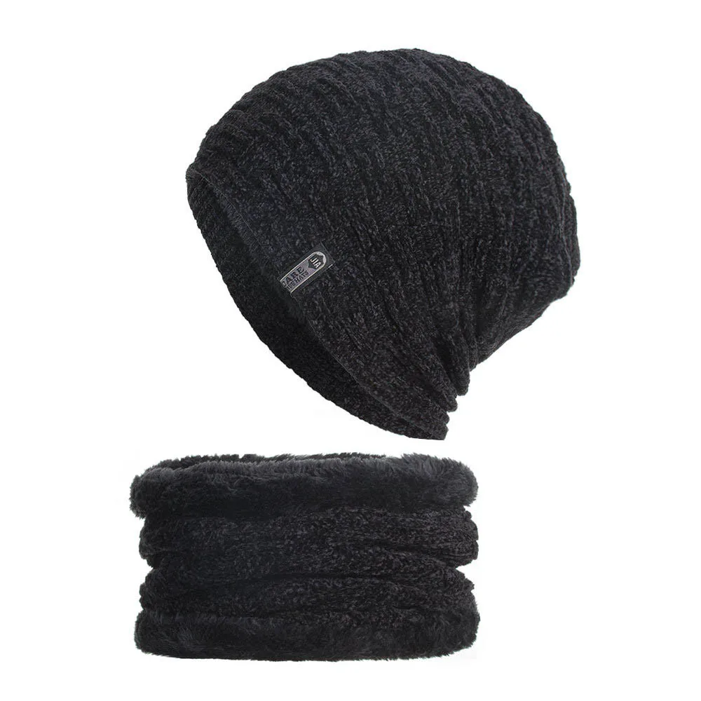 2PCs Men Cap Scarf Set Winter Solid Beanie Knit Cap Plus Velvet Thick Warm Scarf czapka i komin tricotin шапка снуд девочка#E