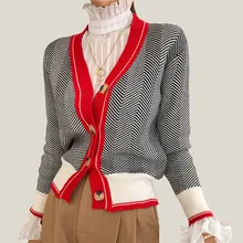Трикотажные кардиганы для женщин топы Осень Зима Дамы Винтаж однобортный контрастный цвет Pinstripe V образным вырезом свитер кардиган пальто