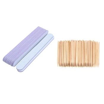 

10 Pcs Nail Files Double Sided 180/100 Grit GREY Straight Emery Board & 100 Pcs Nail Art Design Wood Stick Cuticle Pusher Remove
