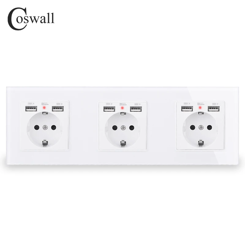 COSWALL 2/3/4/5 Gang Россия Испания настенная розетка стандарта ЕС)+ Dual USB зарядка Порты и разъёмы Скрытая мягкий светодиодный индикатор Стекло Панель - Тип: 3 gang