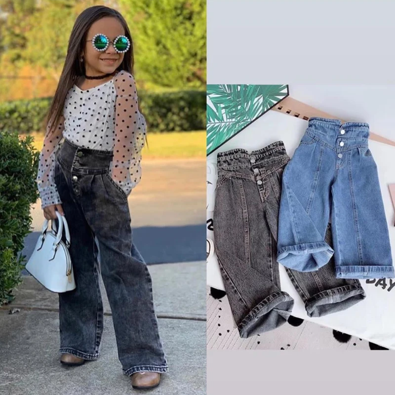 Jeans Pants Girls Wide-Legged High-Waist Children Denim Spring Loose Autumn And Straight