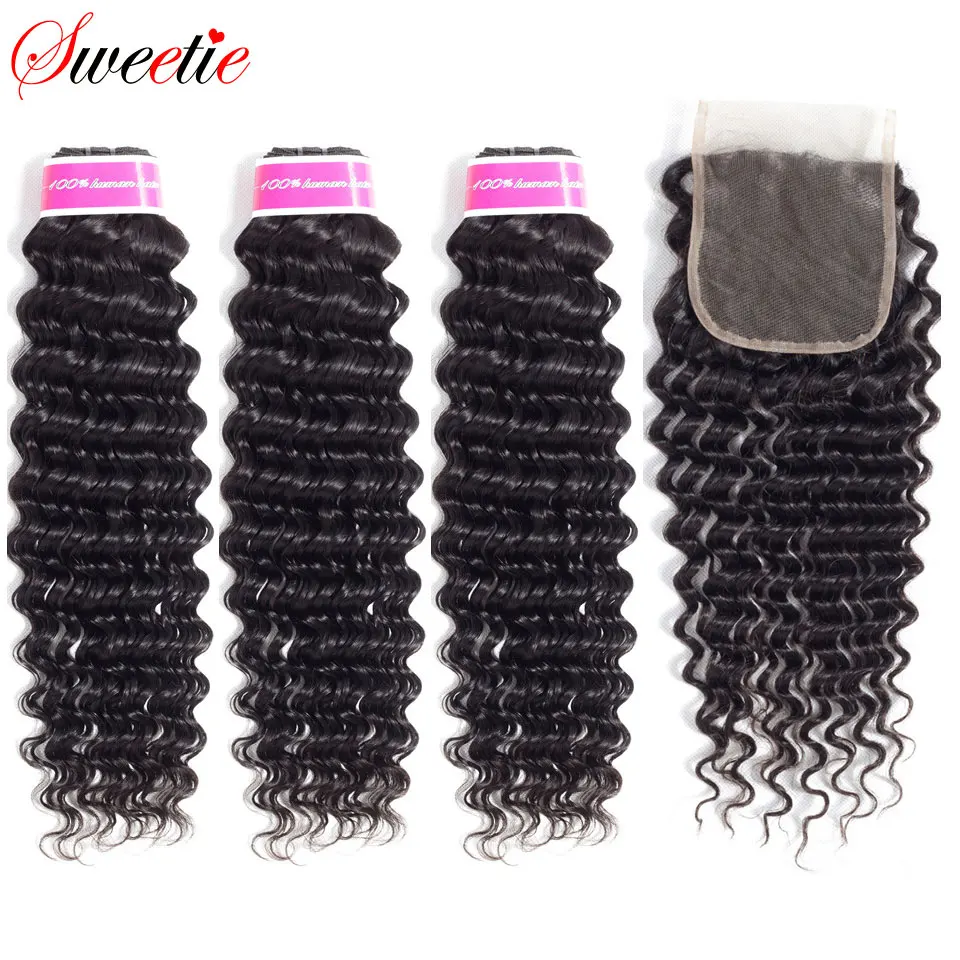 Mechones de pelo malayo dulce con cierre, 3 unidades con cierre de encaje, cabello humano no Remy, mechones de ondas profundas con cierre