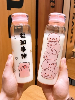 Szklana przenośna butelka wody działa moda butelka wody kolorowe Korea piękne na szkło słodkie butelka wody różowy świnia kubek wody FF70P tanie i dobre opinie SAFEBET CN (pochodzenie) Z tworzywa sztucznego dla dorosłych Butelki na wodę Ekologiczne WATER BOTTLES Bezpośrednie picie