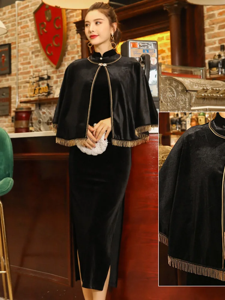 Cheongsam элегантное платье бархат шаль Ruched Бедра разрез сексуальные Клубные тонкие платья без рукавов темперамент европейские американские тенденции