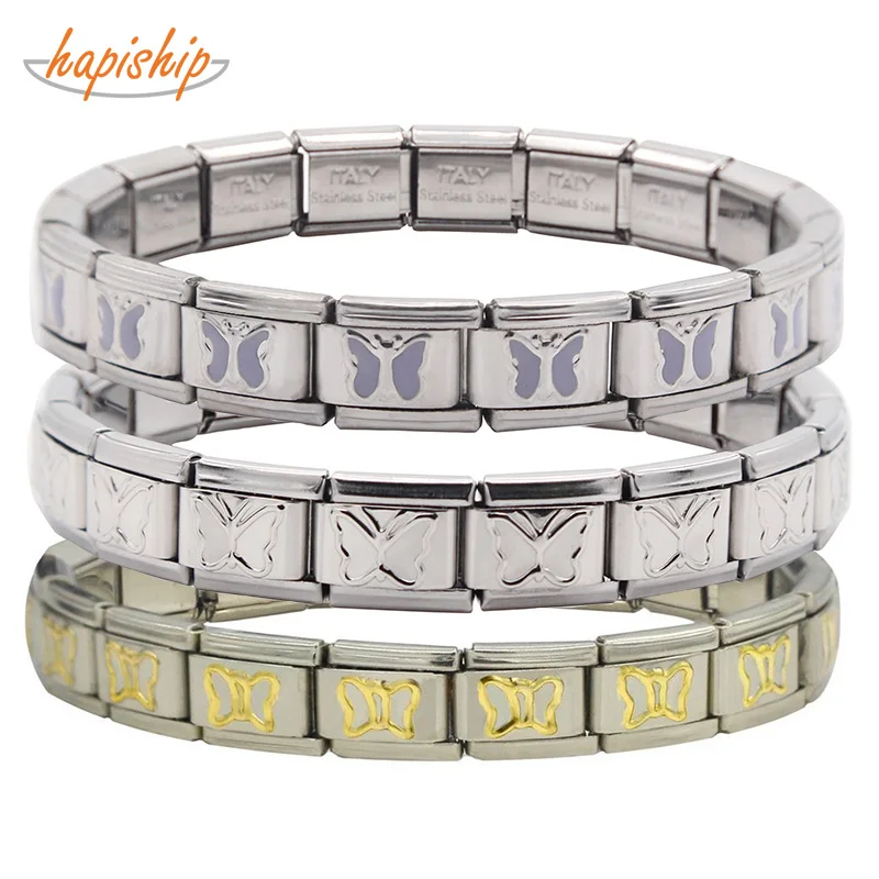 

Hapiship 9mm Width Fashion Jewelry Stainless Steel Gold Silver Purple Butterfly Bracelet Bangle For Best Friend Wife's Gift G030