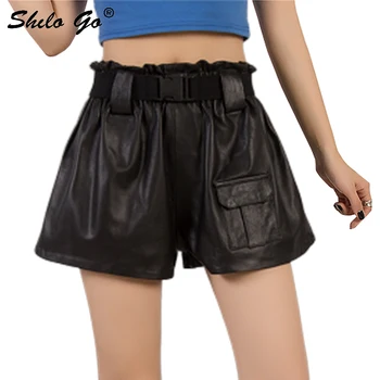 

Genuine Leather Shorts Ruffles Detail High Waist Buckle Belted Wide Leg Shorts Women Autumn Casaul Pocket Front Mini Shorts