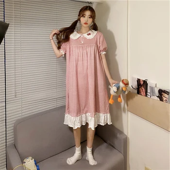 

2020 Summer Peter Pan Collar Women Sleepwear Set/nightgown Victorian Court Strawberry Embroidery Plaid Top Short Set Night Dress