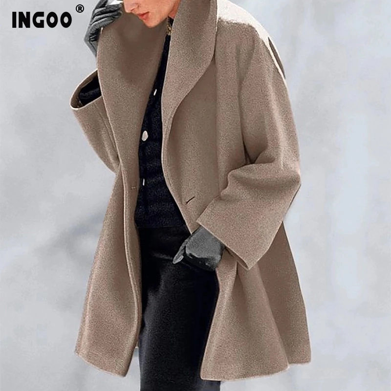 INGOO 7 Color Winter Loose Wool Long Coat Women Elegant England Style Thick Warm Single Breated Turn Down Collar Female Coats