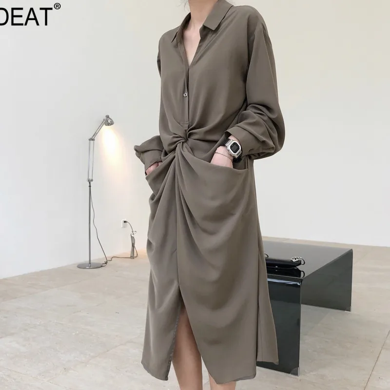 DEAT Autumn New Fashion Women Loose Dress Turn