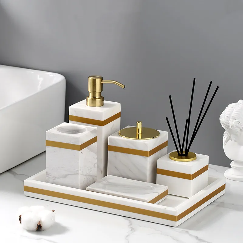 Bathroom Accessories Marble Soap Dispensers/Dish Toothbrush Holder Gargle Cups Tray Wedding Gifts Gold Head White By Piece