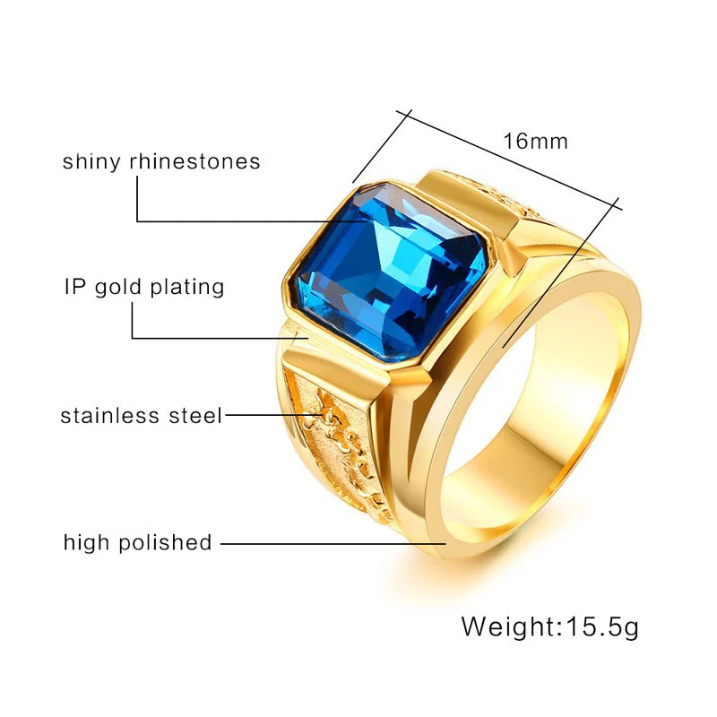 Classic Big Red/Blue Rhinestone Stone Rings For Men Jewelry Gold Color Stainless Steel Party Male Bands
