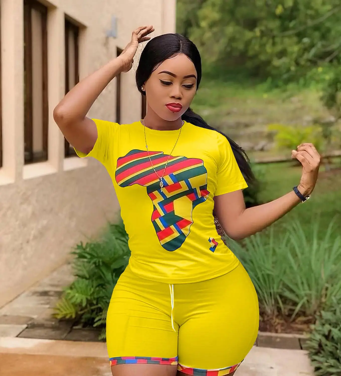 

New women Plus Size 2 Piece Matching Set Women Tracksuit Map Print Short Sleeve Slim Fit Top Bodycon Short Sweat Suit Lounge Wea