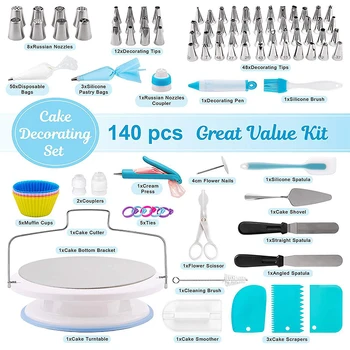 

140pcs Cake Decorating Nozzle Set Tools Cake Decorating Mouth Cake Mold Turntable Reusable Baking Tools Cake Tools Set
