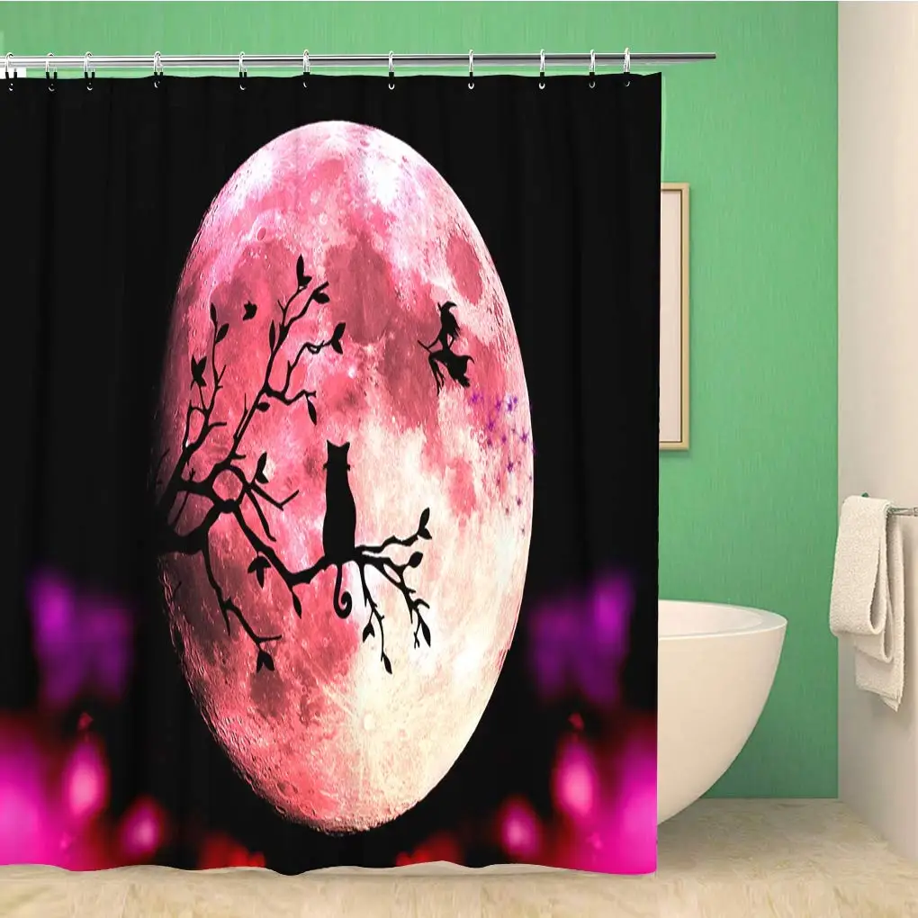 

Bathroom Shower Curtain Pink Halloween Witch and Cat Silhouette Moon Shadow Animal 66x72 inches Waterproof Bath Curtain Set with