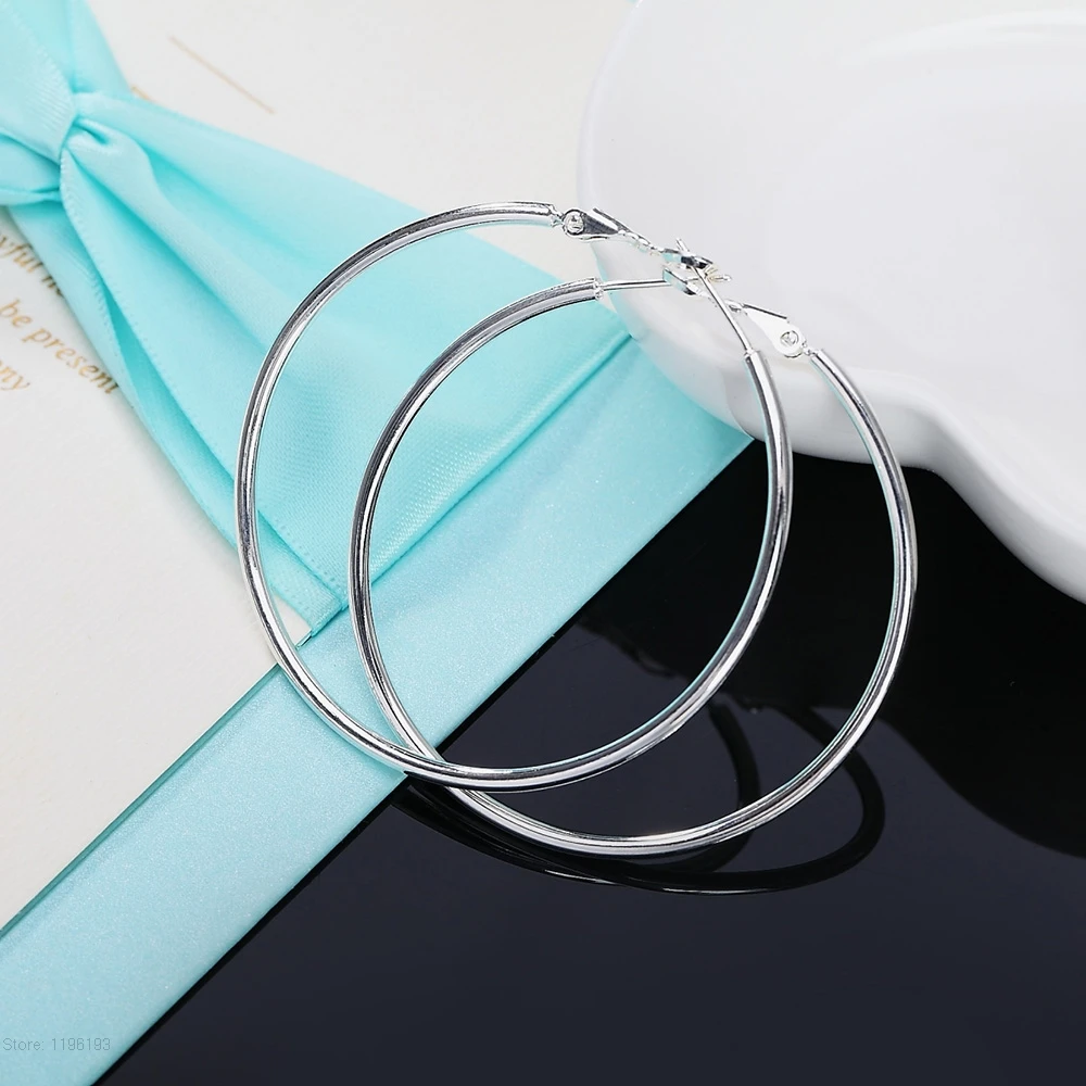 2020 Women 100% N925 Sterling Silver color Hoop Earring 40/50/60mm Round Circle Gifts Box Packing Simple Earrings | Украшения и