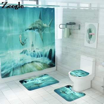 

Bath Mat and Shower Curtain Set Waterproof Bathroom Foot Mat Microfiber Mat Anti-slip Bath Carpet Toilet Mat Absorbent Mats 4PCS