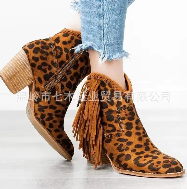 

2019-Europe And America Vintage Chunky Heel Pointed Short Boots High Heel Tassels Women's Boots Spring And Autumn Single Boots