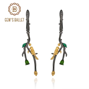 

GEM'S BALLET Natural Chrome Diopside Drop Earrings for Women Jewelry 925 Sterling Silver Handmade Branches Buds Bird Earrings