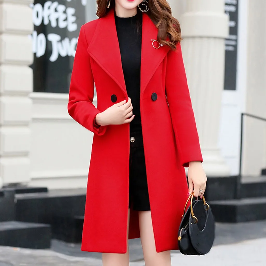 Длинное шерстяное Женское пальто на осень и зиму, Офисная однотонная зимняя офисная куртка с длинным рукавом на пуговицах, пальто#4