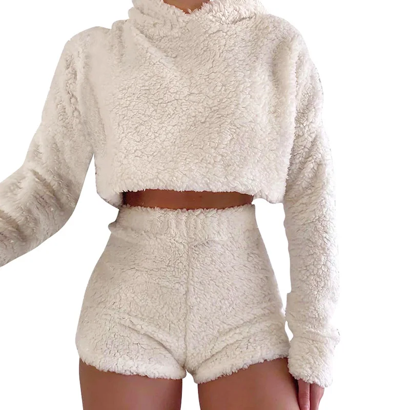 

2 Piece Set Women Winter Fleece Warm Hooded Pullover Coat Crop Top Thick Sexy Shorts Woman Long Sleeve Solid Suits Two Piece Set