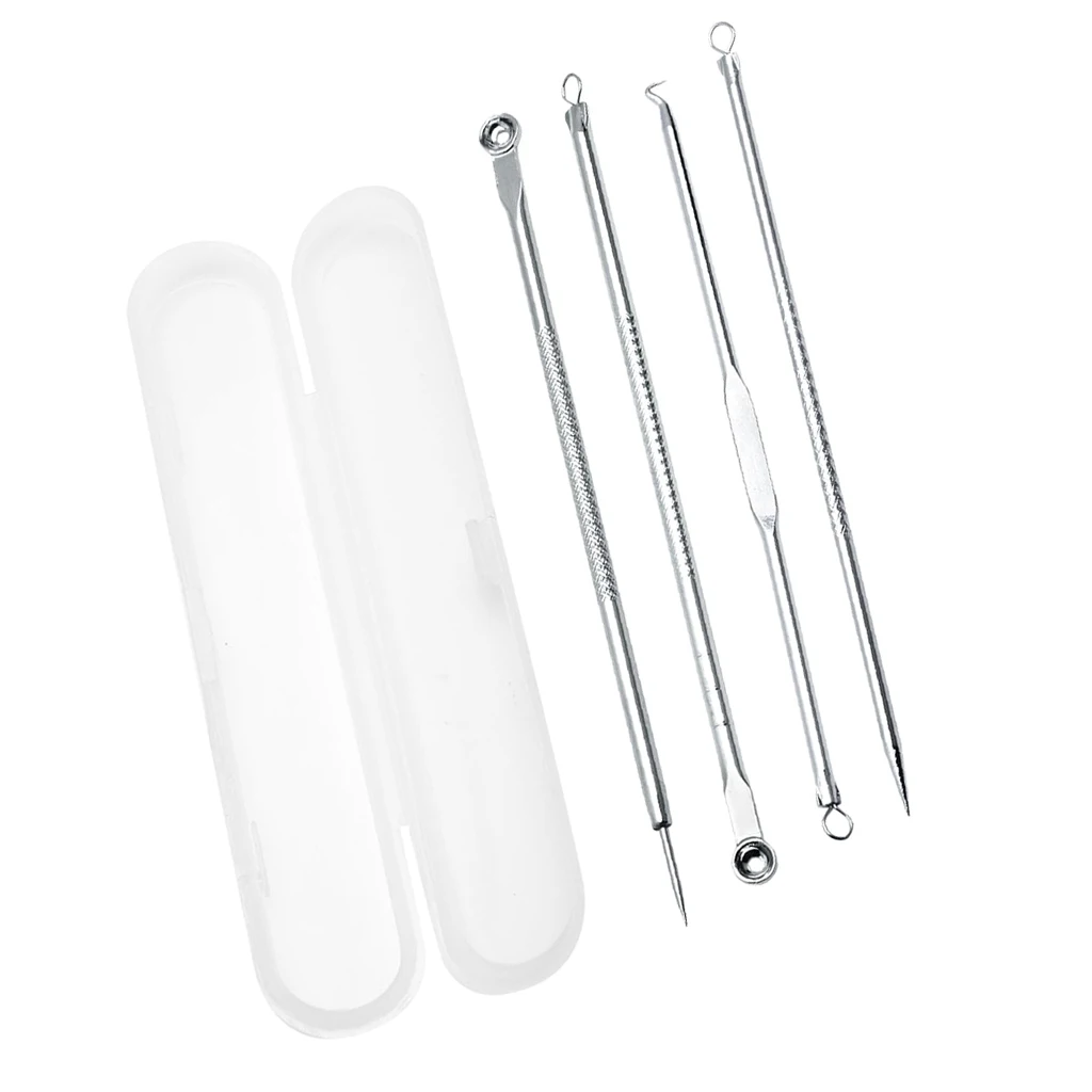 4Pcs Facial Pimple Acne Spot Pimple Remover Blackhead Whitehead Extractor Needles Tool Case Anti-Allergic Stainless Steel