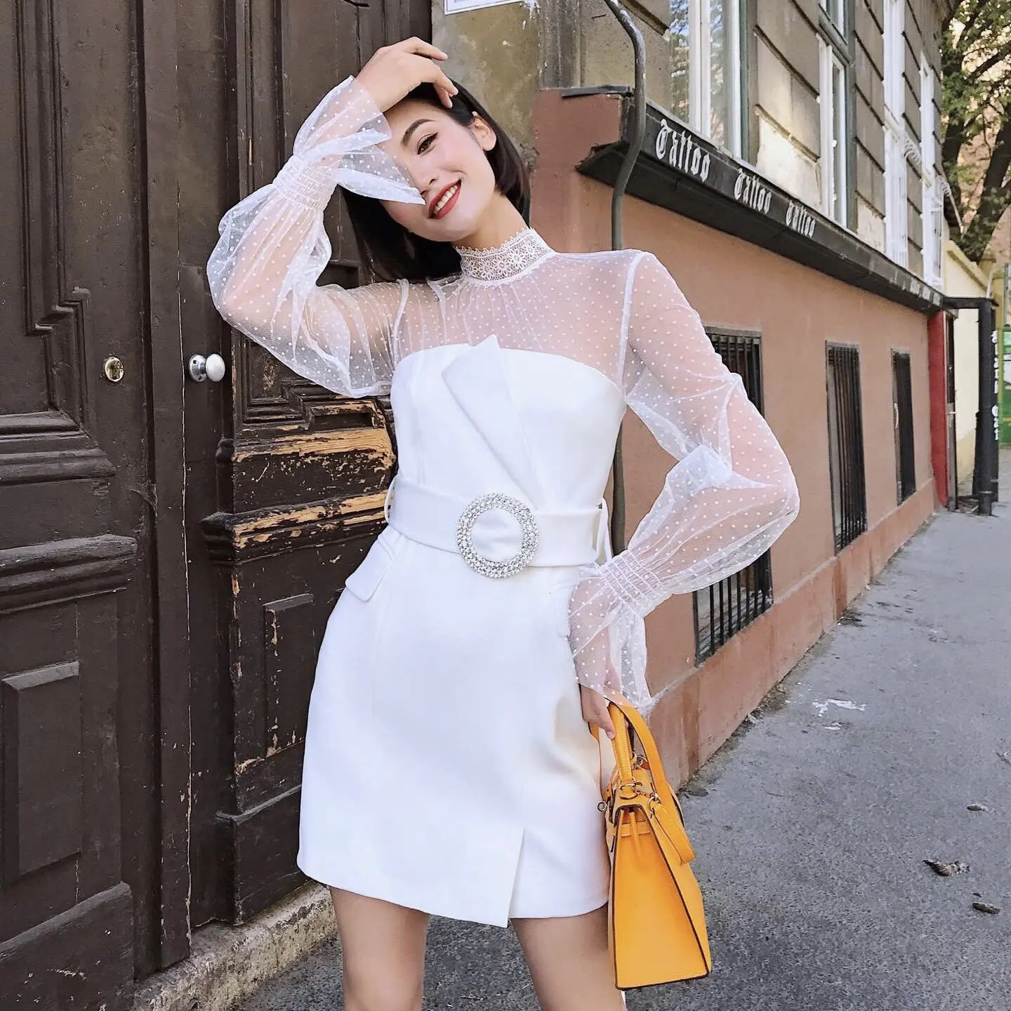 Pure White Party Dress Sexy Women Stand Collar Flare Sleeve See Through Polka Dot Mesh Spliced Mini Dress With Crystal Belt