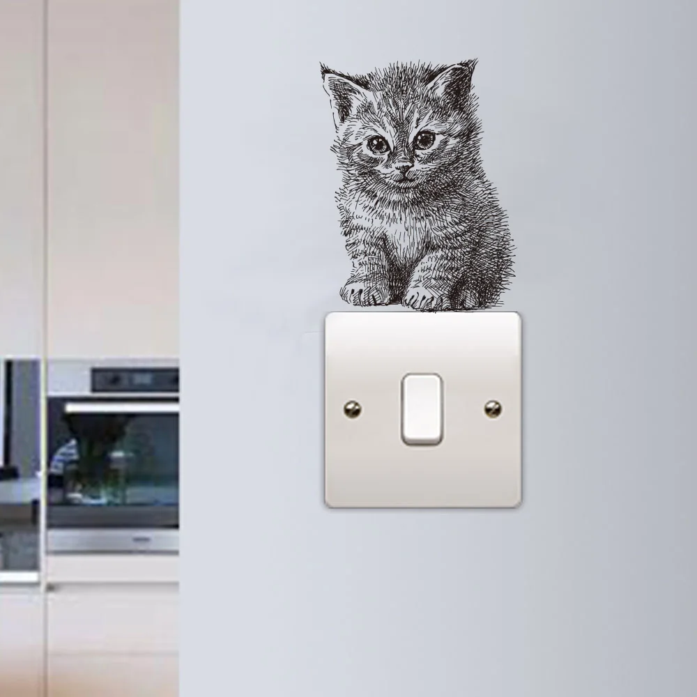 Lovely Cute Little Cat Baby Light Switch Stickers On Wall Art Sketch Laptop Decals for kids Nursery Room Home Decoration Mural (4)