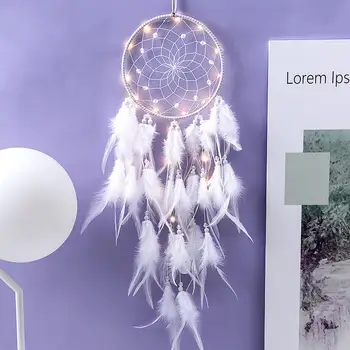 

Girl Heart Dream Catcher National Feather Ornaments Lace Ribbons Feathers Wrapped Lights Dreamcatcher