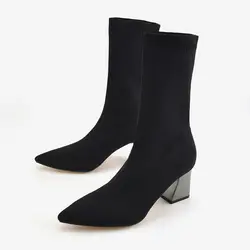 Модные женские ботинки черные зимние ботинки на высоком каблуке зимняя обувь на квадратном каблуке женские Дамские носки с острым носком