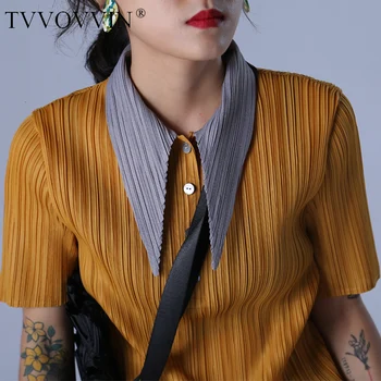 

TVVOVVIN 2020 Fashion New Pleated Shirt Women Hit Color Collar Short Sleeve Fold Blouse Famale High Quality Spring Summer 4YOG