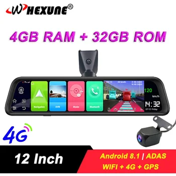 

WHEXUNE 4G+32G 4G 12 Inch Car Rearview Mirror Android 8.1 Stream Media GPS Navi Car Dvr Dual 1080P Camera DashCam ADAS GPS Track