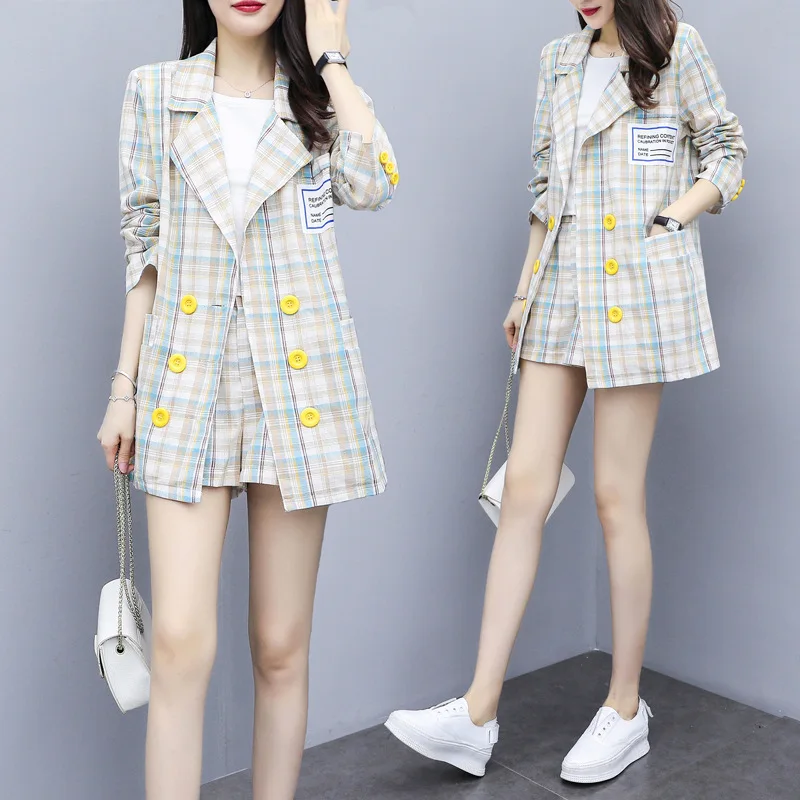 

Suit Jacket Women's Korean-style 2019 Autumn Clothing New Style Online Celebrity Two-Piece Set Loose-Fit Plaid Suit Shorts