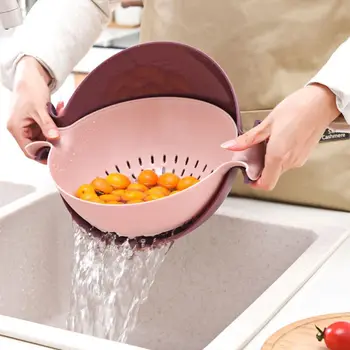 

Kitchen Double Drain Basket Bowl Rice Washing Colander Strainer Fruit Storage