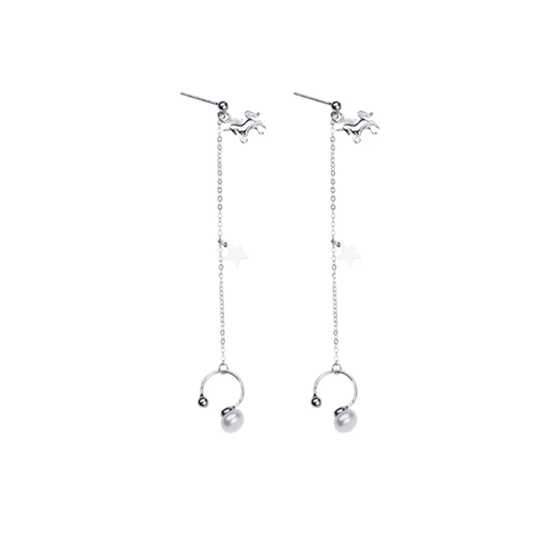 S925 Silver Earrings Горячая Распродажа Серебряная звезда кулон длинные кисточки цепи серьги 925 имитация жемчуга Lucky Horse ухо манжеты Клипсы Серьги для женщин девушек - Окраска металла: S925 Silver Earrings