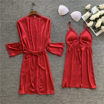 

Women Silk Robe Gown Set Summer Sexy Lace Women Sleepwear Dress Elegant Woman Pajamas Casual Bathrobe Sets