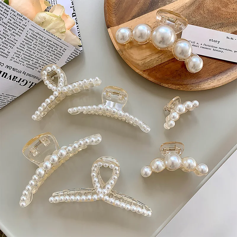Zinc Alloy Big Pearls Hair Claw Clip For Women In Gold White