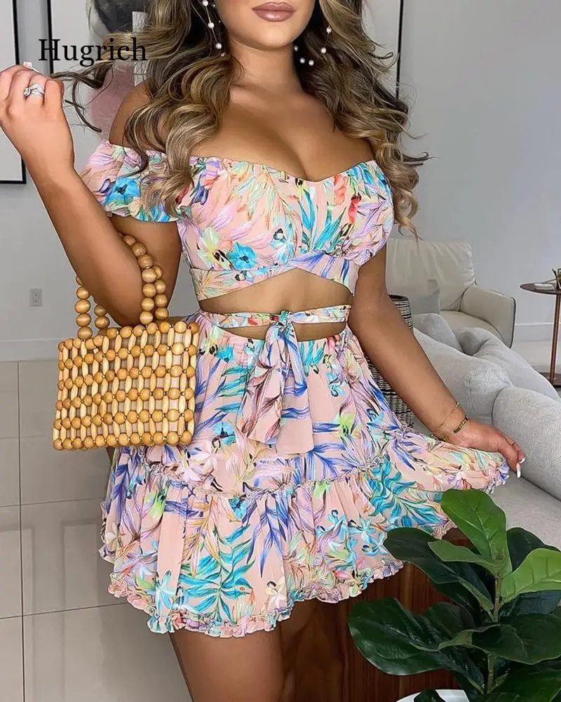 

2021 Summer New Women Off Shoulder Floral Print Top & Frill Hem Skirt Set Ruffles Tied Vacation Casual Cute Clothing 2Pcs Suit