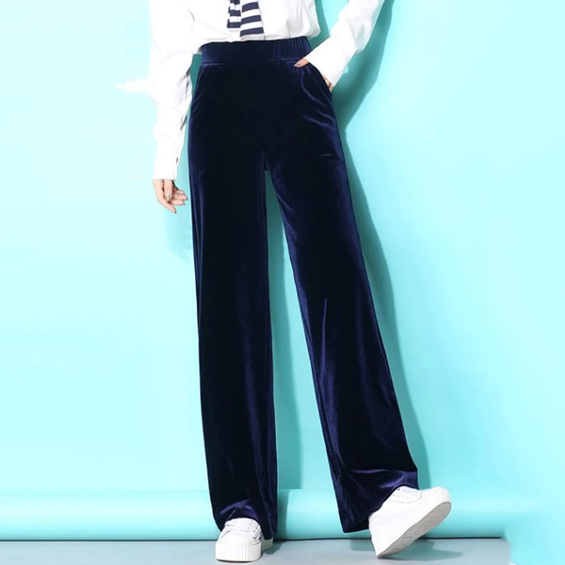 

Spring Fashion streetwear Velet Wide Leg Pants women Casual elastic waist plus size straight pants Mom's Loose Trousers