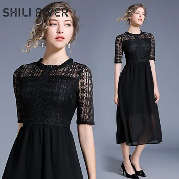 

2020 new summer runway designer party long dress for women short sleeve slim casual lace chiffon elegant pleated dresses black